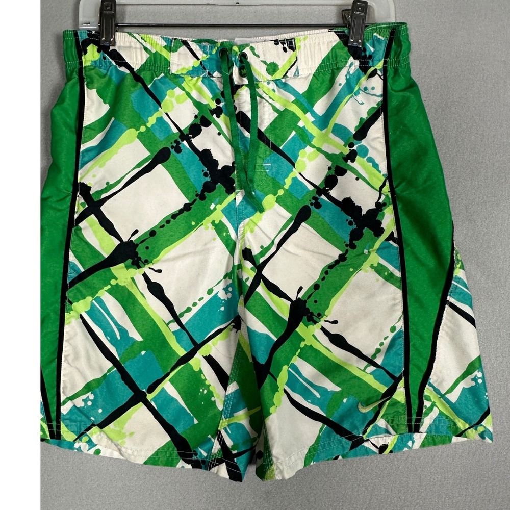 Nike Swim Trunks Boys Medium Abstract Splatter Green Mesh Lined Board Shorts